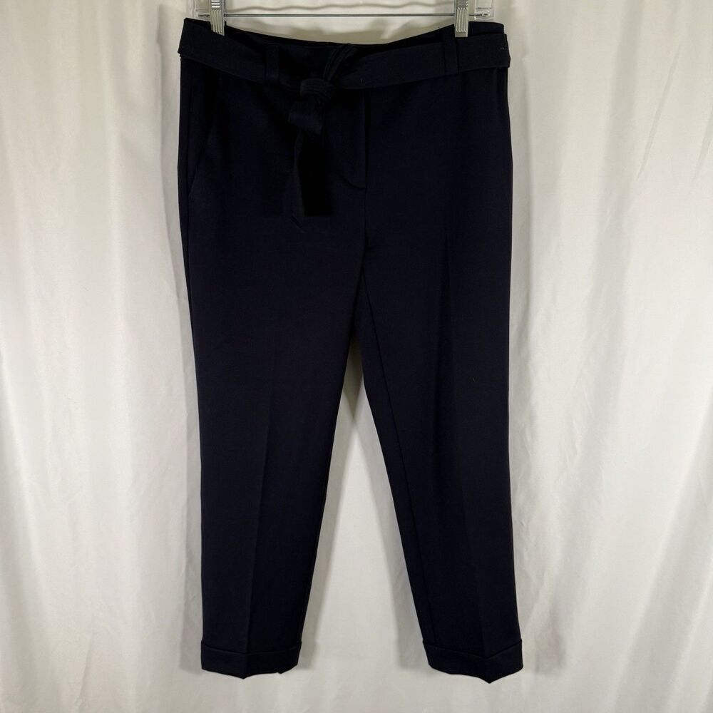 Loft Dress Pants Women's Petite 4 Blue Tie Waist Cuffed Hem Zip Button Slim Leg